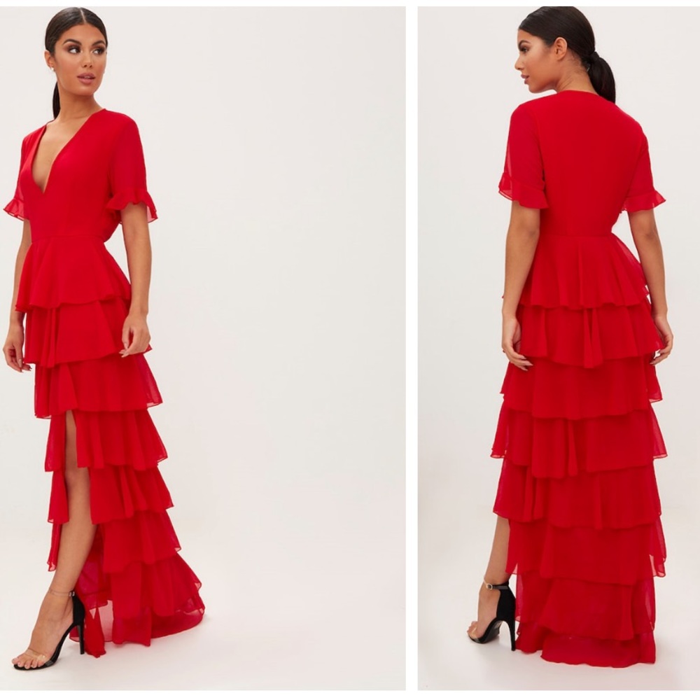 Wedding Guest Dress Red Chiffon Ruffle Layer Maxi